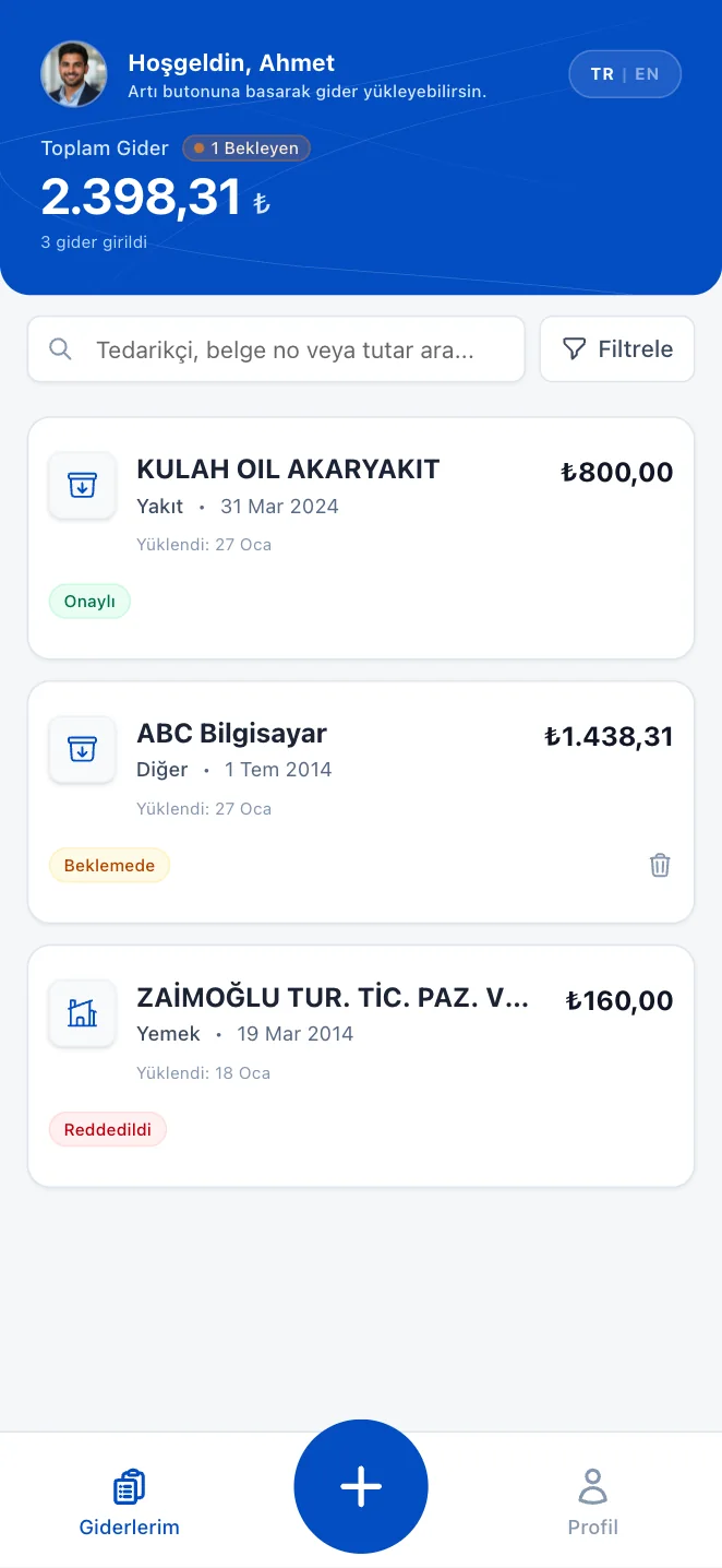 Giderly mobil arayüzü: giderler, onay durumları ve yeni gider ekleme